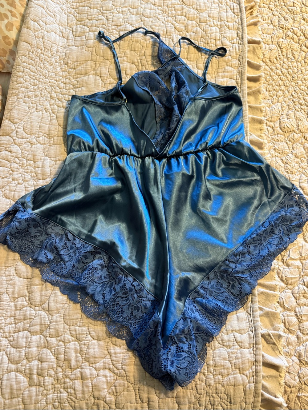Blue Satin Lace-Trim Chemise Romper